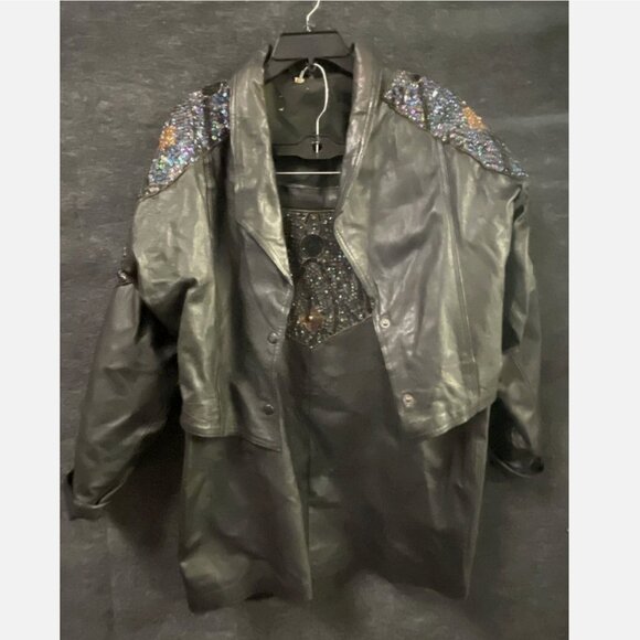 Vintage Real Leather Sequin Beaded Jacket Skirt Set Women XL Biker Western Disco - Picture 13 of 16